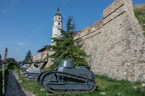 Sahat kula, the clock tower and gate of the Belgrade Kalemegdan fortress or Beogradska Tvrdjava, and a part of the outdoor exhibition of the Military Museum in Serbia photo