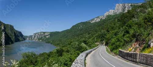 Danube border between Romania and Serbia. Landscape in the Danube Gorges.The narrowest part of the Gorge on the Danube between Serbia and Romania, also known as the Iron Gate.
