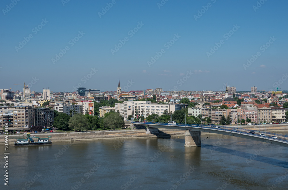 Cityscape in Novi Sad with Varadin bridge (Duga) and the Danube river. From   Petrovaradin fortress, Serbia