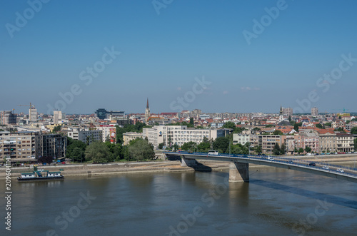 Cityscape in Novi Sad with Varadin bridge (Duga) and the Danube river. From Petrovaradin fortress, Serbia