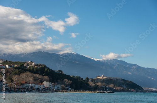 Panoramic view of the famous castle of Platamon, Platamonas village, and Olympus mount at background. Pieria - Greece