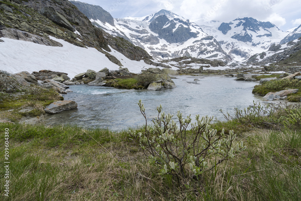 Alpenlandschaft Bergfrühling Schweiz - Sustenpass Steingletscher Wasser Landschaft mit Schneeberge im Hintergrund