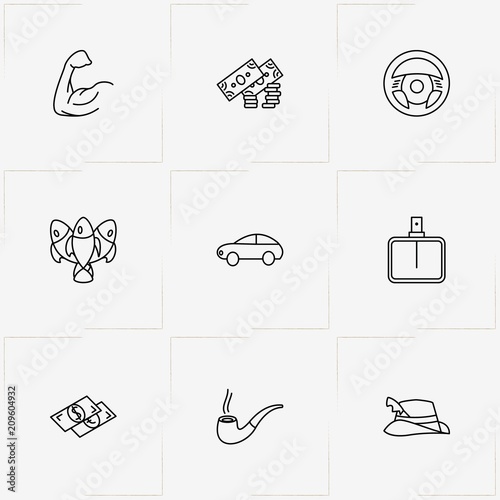 Man line icon set with fishes, perfume and biceps
