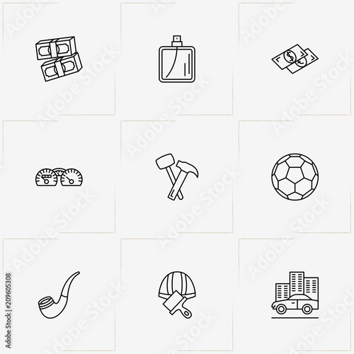 Man line icon set with worker helmet, perfume and hammer