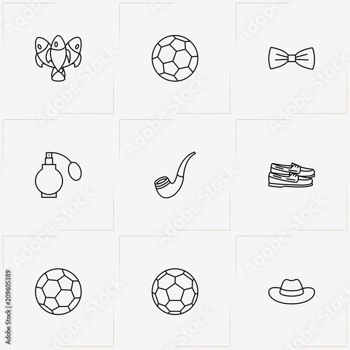 Man line icon set with shoes , fishes and hat