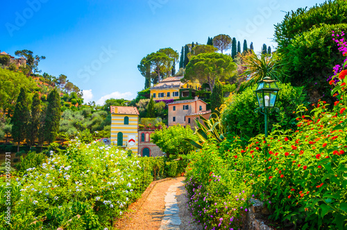 Fotomurale Beautiful traditional street with flowers of the Portofino,  Liguria, Italy