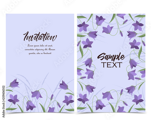 Vector illustration blue bell-shaped bloom, summer flower Campanula. Set of greeting cards