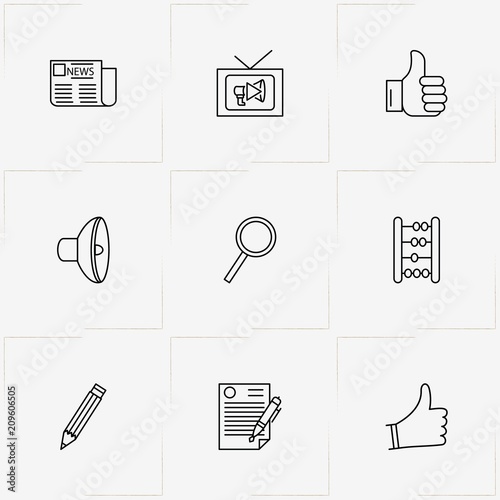 Marketing line icon set with abacus, television volume  and loudspeaker