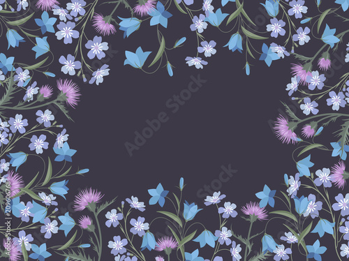 Vector illustration of colorful flowers. Floral decorations on a dark background.