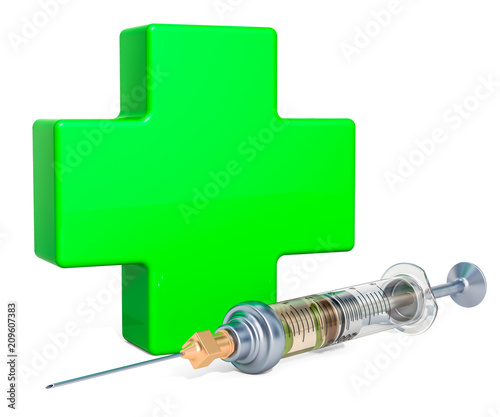 Medical care, vaccination concept. Green cross with syringe. 3D rendering
