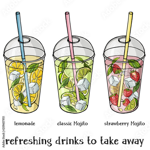 Set of non-alcoholic summer drinks in a plastic Cup to take away. Lemonade, strawberry and classic Mojito. Colorful vector illustration in sketch style.
