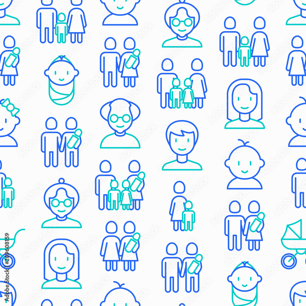 Family seamless pattern with thin line icons: mother, father, newborn, son, daughter, lesbian, gay, single mother and child, grandmother, grandfather. Vector illustration. Family seamless pattern with thin line icons: mother, father, newborn, son, daughter, lesbian, gay, single mother and child, grandmother, grandfather. Vector illustration.