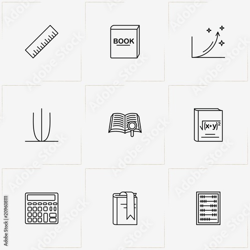 Mathematics line icon set with ruler, abacus and coordinate axis