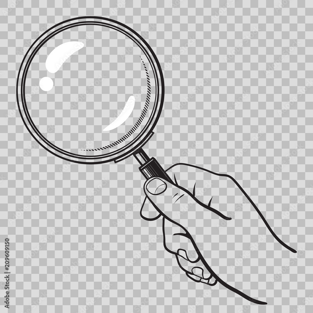 Hand holding magnifying glass on transparent background Stock Vector