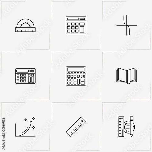 Mathematics line icon set with ruler, round ruler and coordinate axis