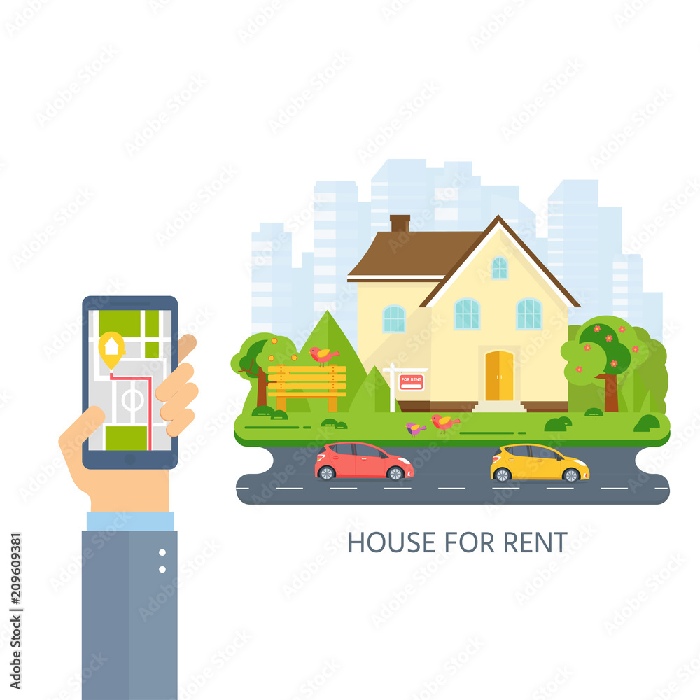 Banner for sales, hand holding phone with advertising house, cottage with trees.