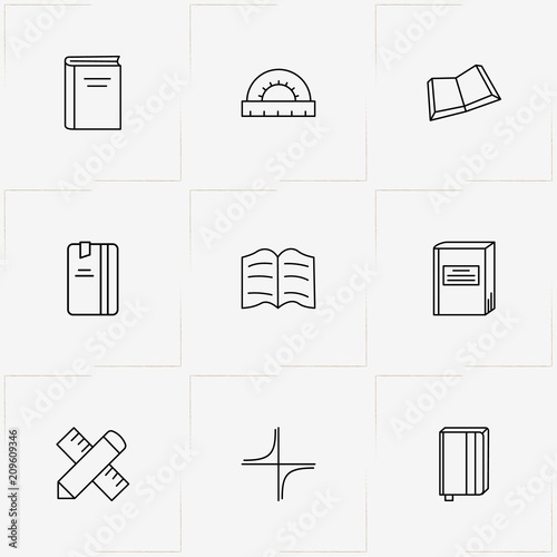 Mathematics line icon set with coordinate axis, round ruler and pencil with ruler