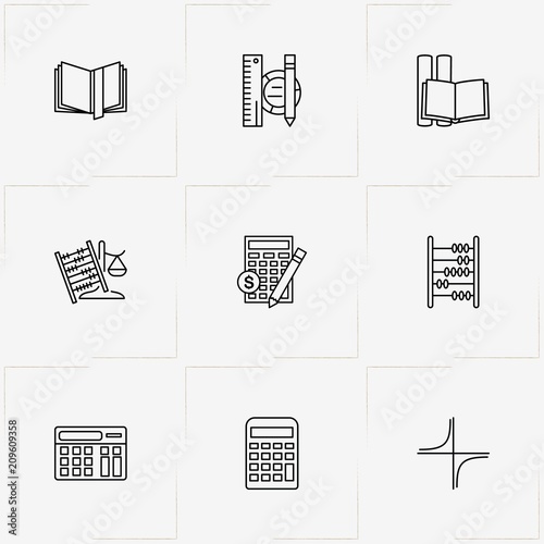 Mathematics line icon set with calculator, abacus and coordinate axis