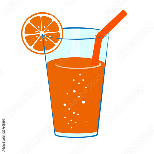 Glass cold of orange juice with orange slice and a straw. Vector illustration Icon of fresh tropical juice.