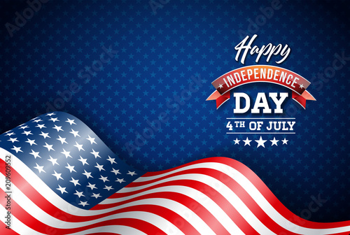 Happy Independence Day of the USA Vector Illustration. Fourth of July Design with Flag on Blue Background for Banner, Greeting Card, Invitation or Holiday Poster.