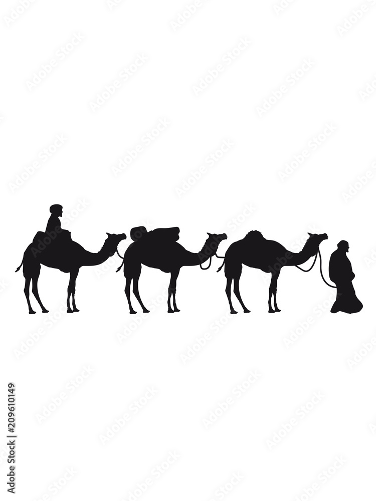 händler reise karawane 3 freunde team crew handel herde reihe kamel silhouette umriss schwarz dromedar höcker wüste zoo