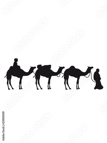 händler reise karawane 3 freunde team crew handel herde reihe kamel silhouette umriss schwarz dromedar höcker wüste zoo