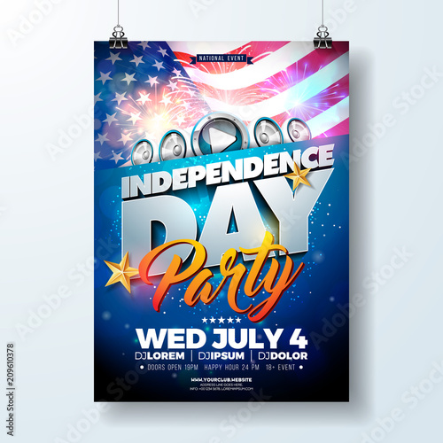 Independence Day of the USA Party Flyer Illustration with Flag and Ribbon. Vector Fourth of July Design on Dark Background for Celebration Banner, Greeting Card, Invitation or Holiday Poster.