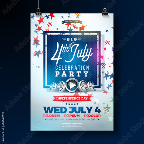 Independence Day of the USA Party Flyer Illustration with Falling Colorful Star. Vector Fourth of July Design on Blue Background for Celebration Banner, Greeting Card, Invitation or Holiday Poster.