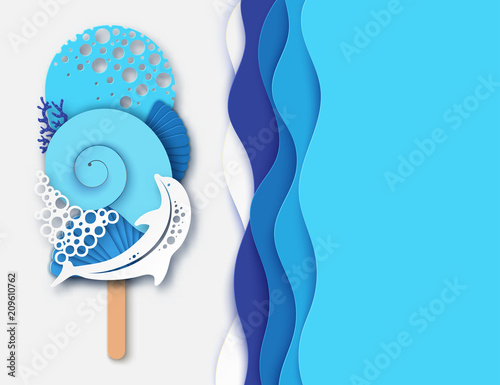 Paper ice cream made of dolphin, sea wave, coral and sea shell. Concept of summer beach vacation. Paper cut modern design
