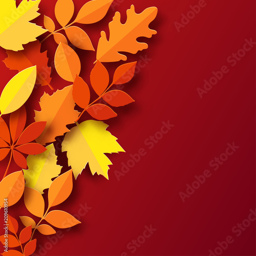 Paper autumn leaves colorful background. Trendy 3d paper cut style vector illustration