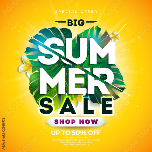 Summer Sale Design with Flower and Exotic Leaves on Blue Background. Tropical Floral Vector Illustration with Special Offer Typography Elements for Coupon, Voucher, Banner, Flyer, Promotional Poster