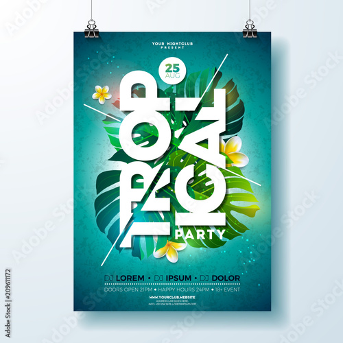 Vector Tropical Party Flyer Design with flower and tropical plants on blue background. Summer nature floral elements and typographic letter. Design template for summer beach banner, flyer, invitation