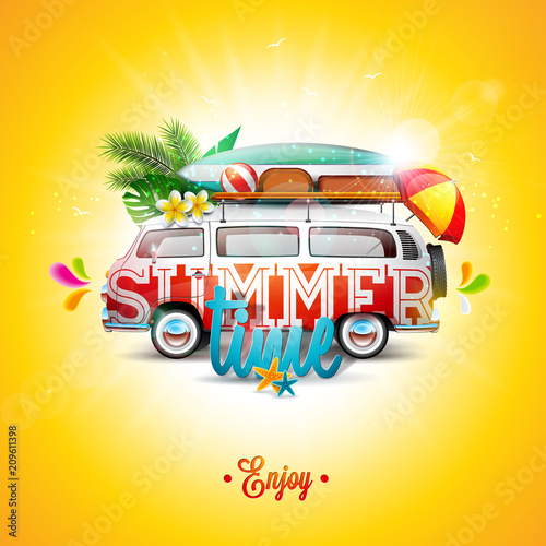 Vector Summer Holiday illustration on blue sky and cloud background. Tropical plants, flower, travel van, surf board and umbrella. Holiday design template for banner, flyer, invitation, brochure