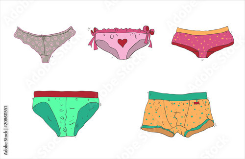 hand drawn flat woman pants and man knickers of different colors on white background - vector illustration