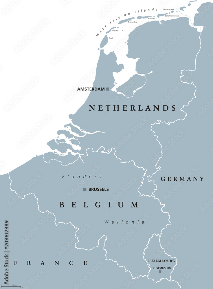 Fototapeta premium Kraje Beneluksu, mapa polityczna w kolorze szarym. Belgia, Holandia i Luksemburg. Unia Beneluksu, grupa geograficzna, gospodarcza i kulturowa. Etykietowanie w języku angielskim. Ilustracja na białym tle. Wektor