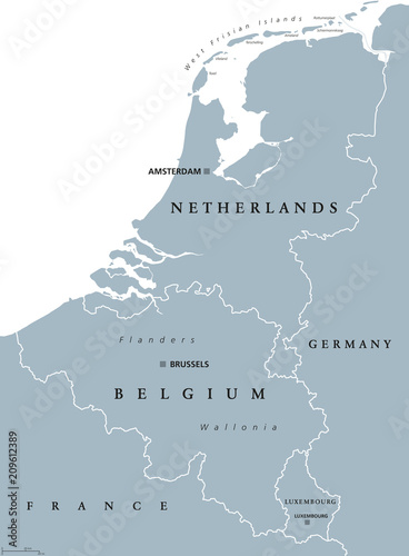 Obraz na płótnie Kraje Beneluksu, mapa polityczna w kolorze szarym