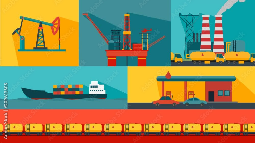 Oil Industry Gasoline Processing on colorful cartoon animation. Energy, gasoline