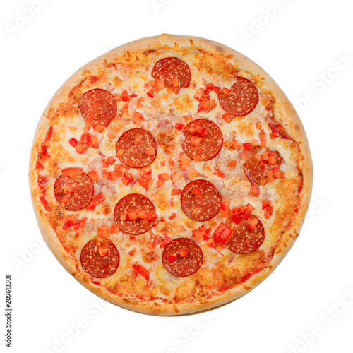 Pizza with sausage on a white background