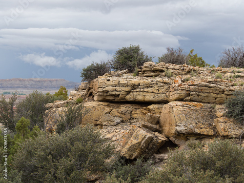 Rocky Outcrop covered with lichen with sagebrush in the foreground, cloulds above and mountains in the distance.
