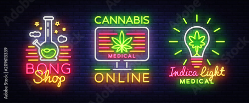 Marijuana Medical Logos collection Neon Vector. Cannabis Online, Bong Shop, Indica concept, Marijuana smoking, storing and growing cannabino medical equipment, light banner. Vector illustration