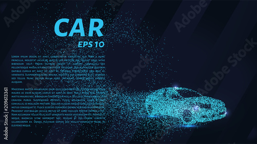 Car illustration transforming into small pieces. Particles fly off from the car in the form of turbulence