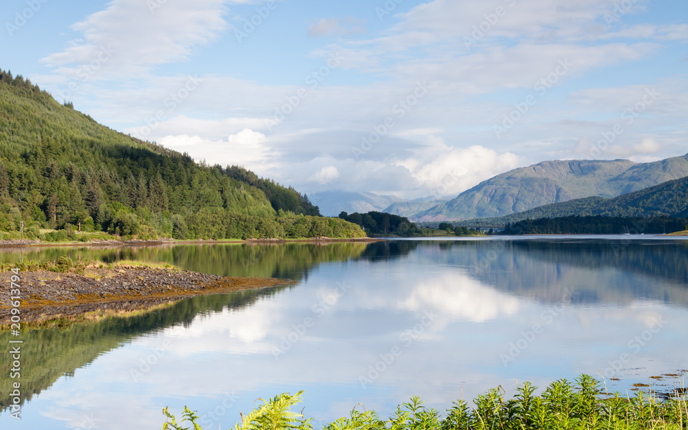 Loch Leven.  The view across Loch Leven from Ballachulish towards Ballachulish Bridge in the Scottish highlands.  Loch Leven is a sea loch on the west coast of Scotland.