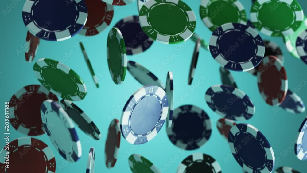 Jackpot. Casino chips or poker tokens falling from the sky. Loopable video. 4k