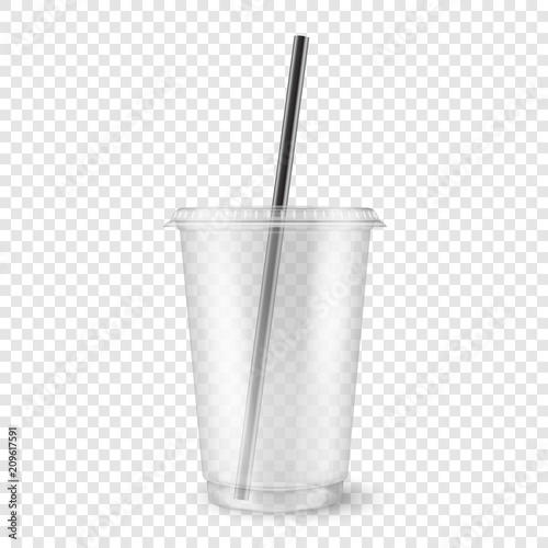 Vector realistic 3d empty clear plastic disposable cup with a straw closeup isolated on transparency grid background. Design template of packaging mockup for graphics - milkshake, tea, fresh juice