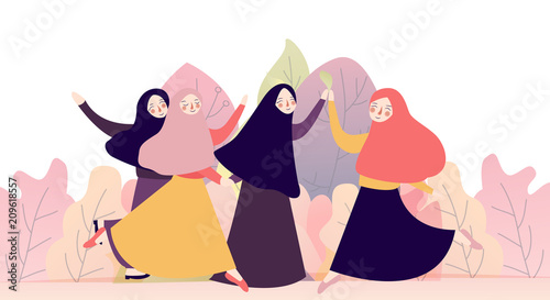 portrait of happy group of pretty girl best friends together. muslim woman concept wearing hijab or head scarf