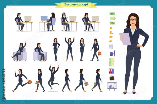 Ready-to-use character set. Young business woman in formal wear. Different poses and emotions, running, standing, sitting, walking, happy, angry. Full length, front, rear view against white background