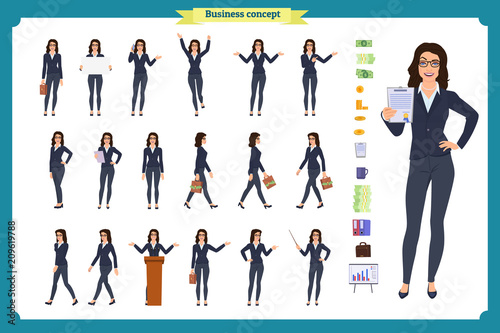 Ready-to-use character set. Young business woman in formal wear. Different poses and emotions, running, standing, sitting, walking, happy, angry. Full length, front, rear view against white background