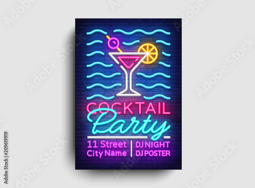 Cocktail party poster neon vector. Summer party design template, bright neon brochure, modern trend design, light banner, typography invitation to the party, advertising postcard. Vector illustration