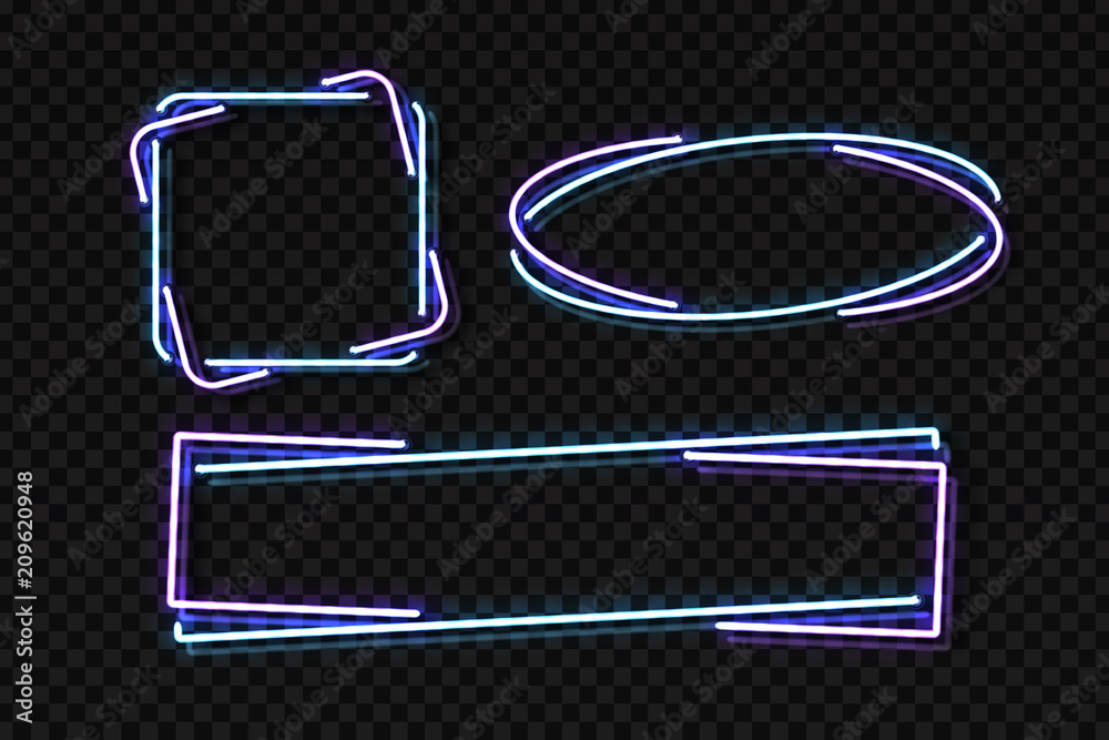 Vector set of realistic isolated neon sign of frame for decoration and covering on the transparent background. Concept of signboard, night club and restaurant. Vector set of realistic isolated neon sign of frame for decoration and covering on the transparent background. Concept of signboard, night club and restaurant.