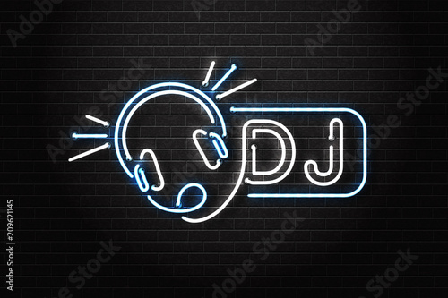 Vector realistic isolated neon sign of Dj logo with headset for decoration and covering on the wall background. Concept of music, radio and live concert.